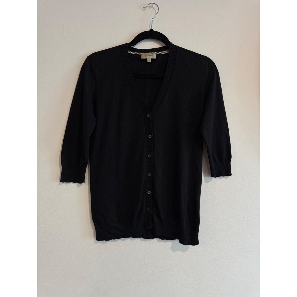 Burberry London V-Neck Cardigan Women Medium Black 3/4 Sleeve Nova Check Trim